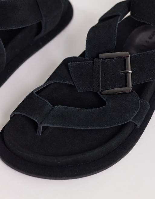 ASOS DESIGN Finley premium strappy footbed sandals in black suede, 2 of 4