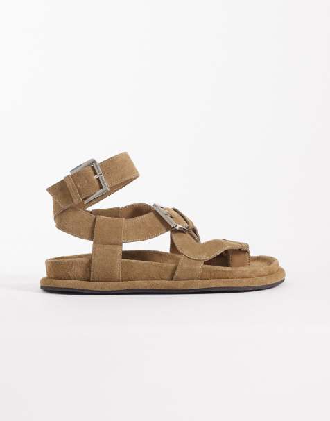 ASOS DESIGN Finley premium strappy footbed sandals in sand suede - view 1