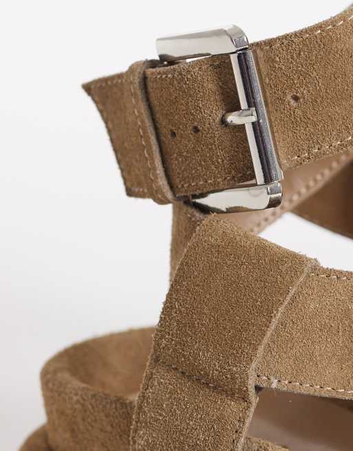 ASOS DESIGN Finley premium strappy footbed sandals in sand suede, 3 of 4