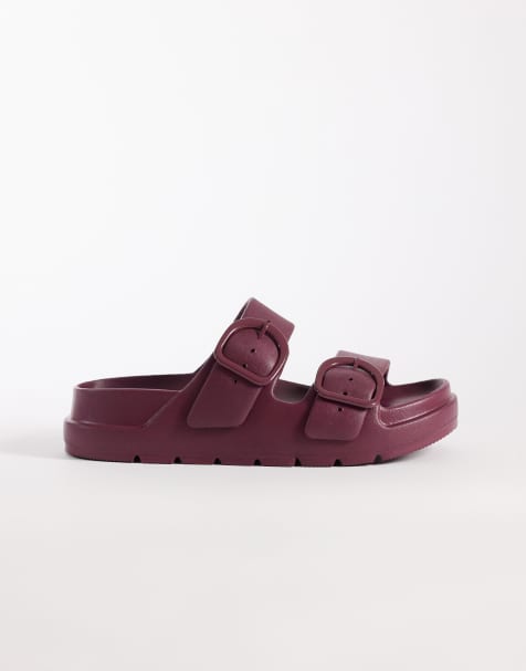 ASOS DESIGN – Finn – Bordowe klapki na płaskiej platformie z dwiema klamrami - view 1