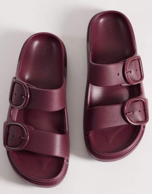 ASOS DESIGN Finn flatform double buckle slider in burgundy, 2 of 4