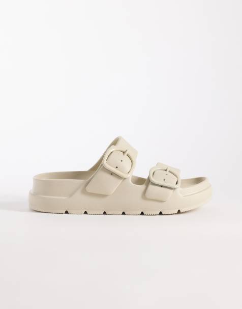 ASOS DESIGN Finn flatform double-buckle sliders in off white - view 1