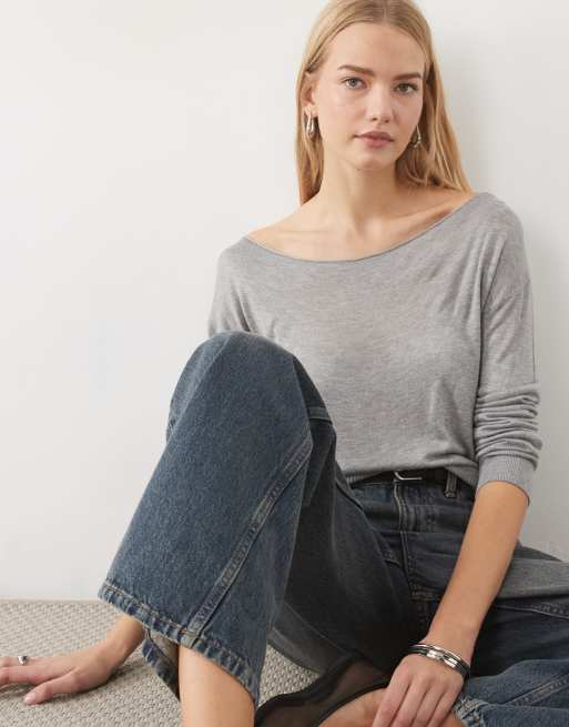 ASOS DESIGN finstickad tröja med bara axlar och markerad midja i gråmelerad, 2 av 4