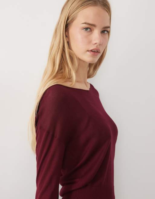 ASOS DESIGN finstrikket offshoulder-striktrøje med talje i blomme, 3 af 4
