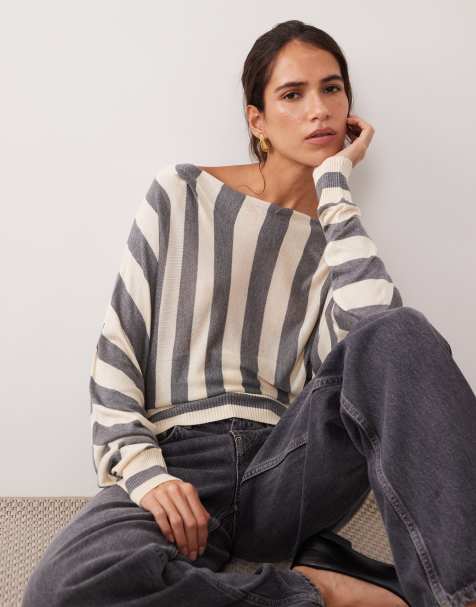 ASOS DESIGN finstrikket offshoulder-striktrøje med talje i grå og cremefarvet stribe - view 1