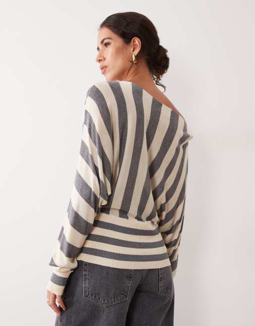 ASOS DESIGN finstrikket offshoulder-striktrøje med talje i grå og cremefarvet stribe, 3 af 4