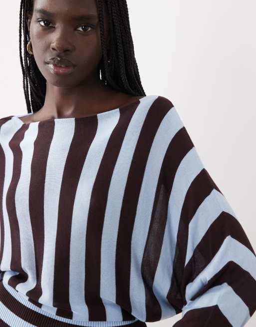 ASOS DESIGN finstrikket offshoulder-striktrøje med taljering i chokolade- og blåstriber, 4 af 4