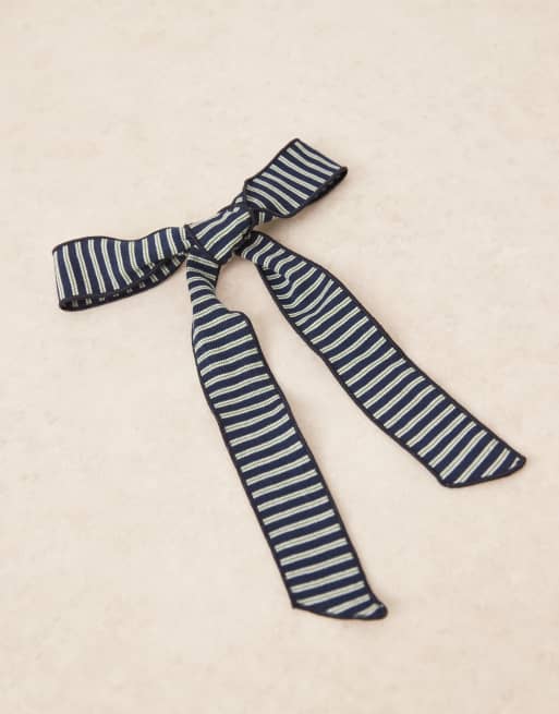 ASOS DESIGN - Fiocco per capelli lungo blu navy a righe verdi con barretta e chiusura con clip, 3 di 3