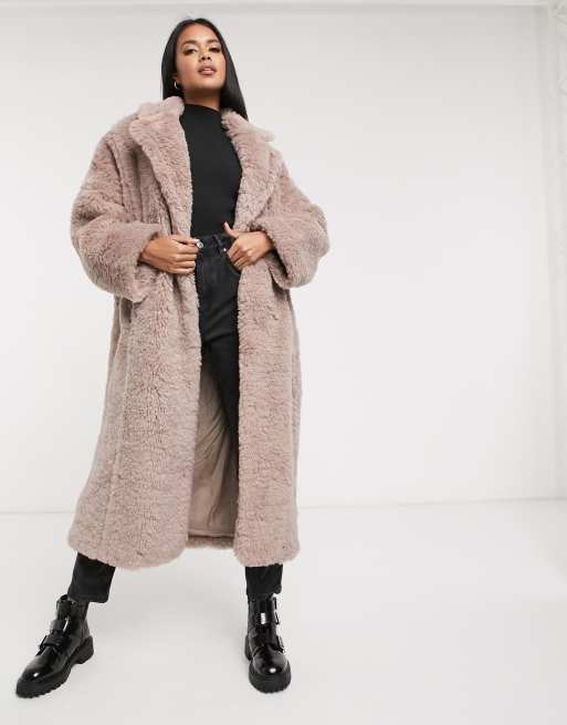 ASOS DESIGN – fiołkowy płaszcz maxi o wydłużonym fasonie z imitacji futra