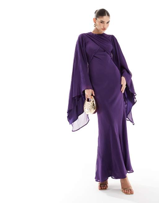 ASOS DESIGN – Fioletowa kopertowa sukienka maxi ze skosu z obszernymi rękawami z marszczonego szyfonu