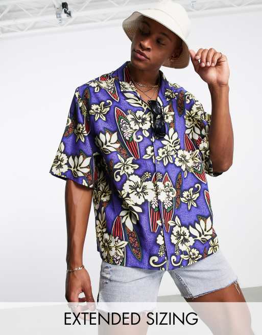 ASOS DESIGN – Fioletowa koszula oversize z kołnierzykiem kubańskim i obniżoną linią ramion w hawajski kwiatowy wzór