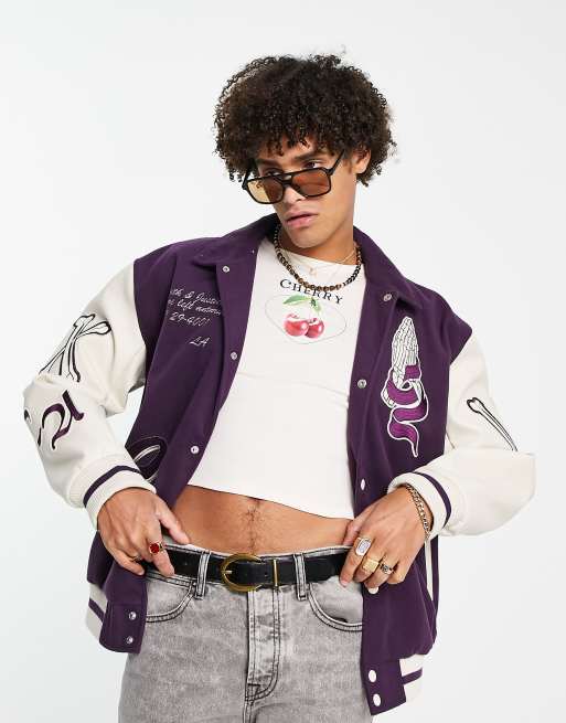 ASOS DESIGN – Fioletowa kurtka bomberka oversize w uczelnianym stylu