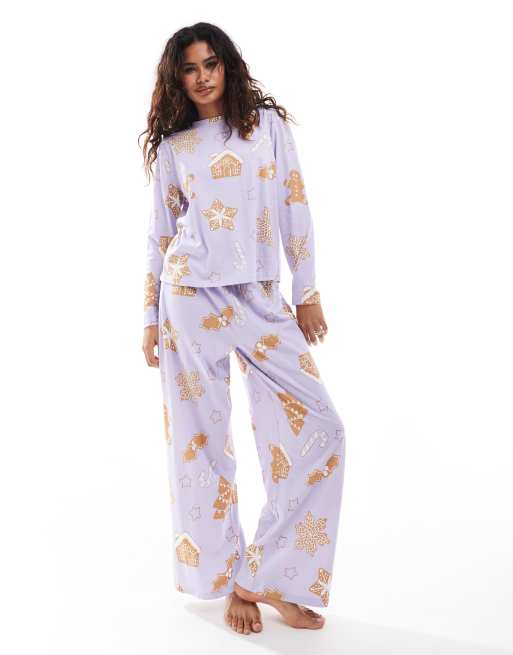 ASOS DESIGN – Fioletowa piżama we wzór w domki z piernika: top z długimi rękawami i spodnie