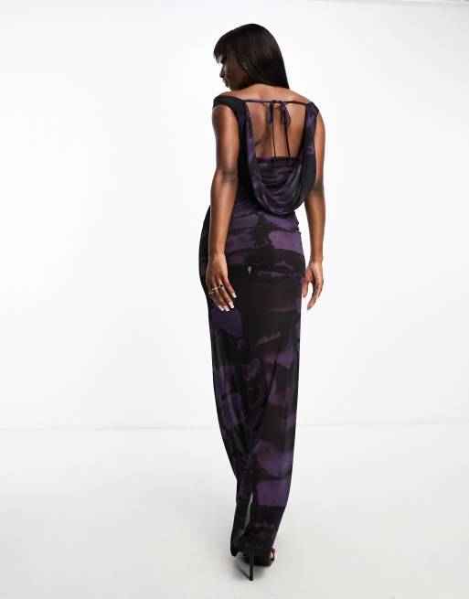 ASOS DESIGN – Fioletowa prześwitująca sukienka maxi z drapowanym tyłem i dekoltem bardot we wzór skóry węża