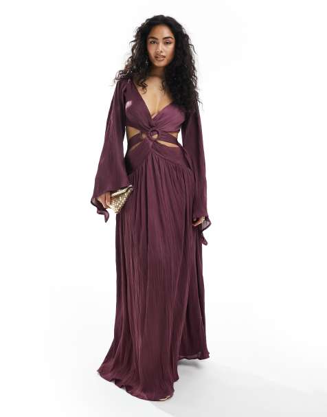 ASOS DESIGN – Fioletowa satynowa sukienka maxi z pierścieniem w talii, kimonowym rękawem i plisowaniem - view 1