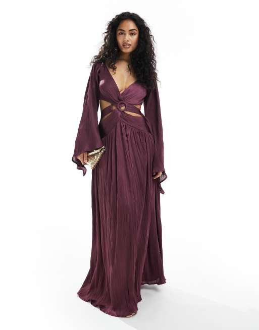 ASOS DESIGN – Fioletowa satynowa sukienka maxi z pierścieniem w talii, kimonowym rękawem i plisowaniem
