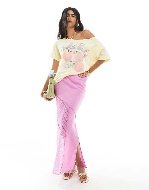 ASOS DESIGN linen look and lace patchwork maxi skirt in purple