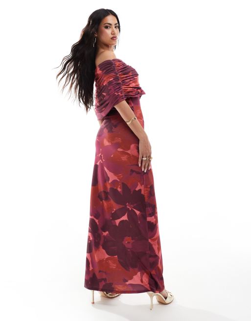 ASOS DESIGN – Fioletowa sukienka maxi bez rękawów z dekoltem bardot w duży kwiatowy wzór