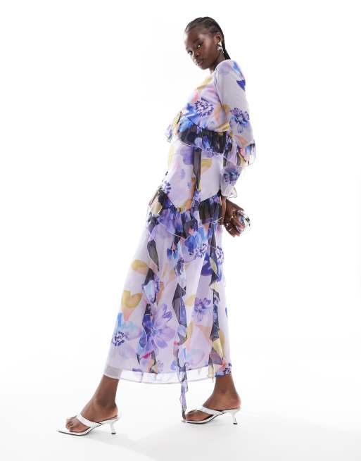 ASOS DESIGN – Fioletowa sukienka maxi z kwiatowym wzorem i falbanką ułożoną w jodełkę