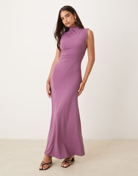 ASOS DESIGN – Fioletowa sukienka maxi z zabudowanym dekoltem, ozdobnym przeszyciem i drapowaniem - view 1