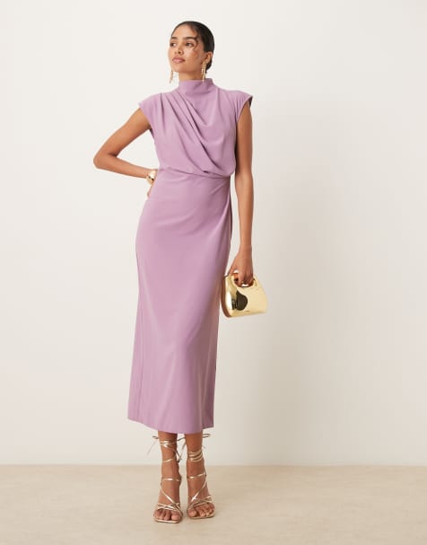 ASOS DESIGN high neck sleeveless midi dress with draped neck in grape