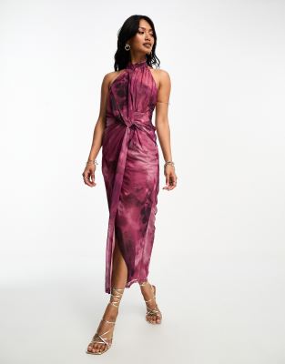 ASOS DESIGN – Fioletowa sukienka midi bodycon z dekoltem typu halter z siateczki w rozmyty kwiatowy wzór