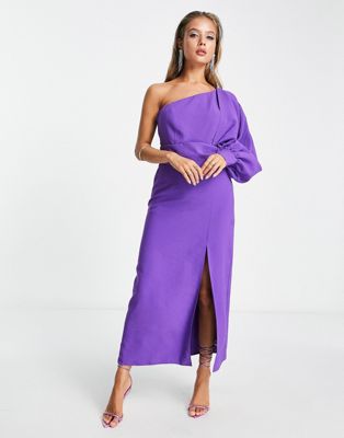 ASOS DESIGN – Fioletowa sukienka midi na jedno ramię z ozdobnym wiązaniem |  ASOS