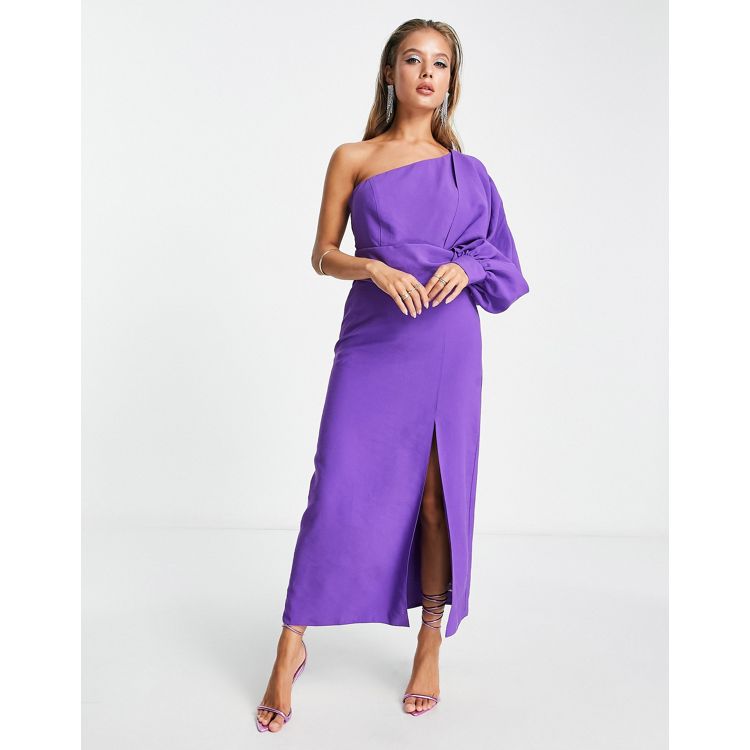 ASOS DESIGN – Fioletowa sukienka midi na jedno ramię z ozdobnym wiązaniem |  ASOS