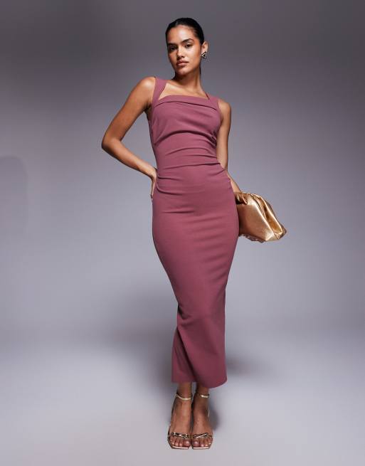 ASOS DESIGN – Fioletowa sukienka midi z dekoltem karo