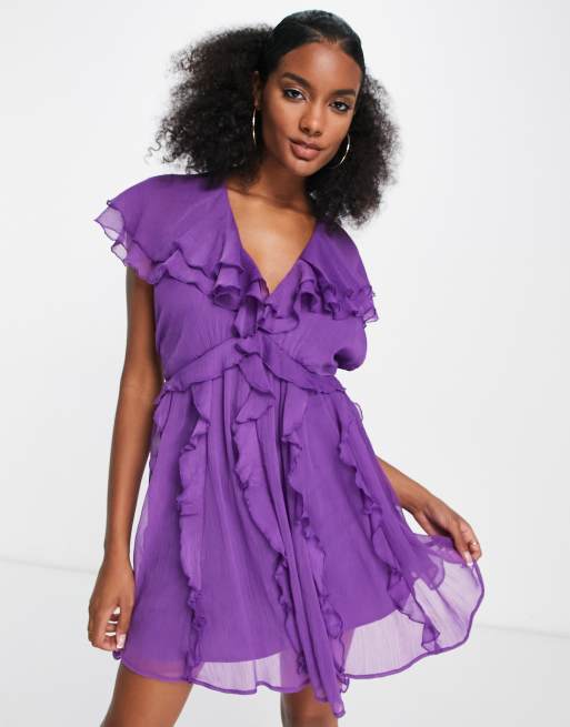 ASOS DESIGN – Fioletowa sukienka mini z rozkloszowanymi rękawami zdobiona falbankami