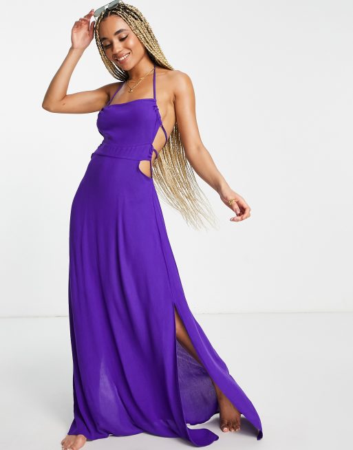 ASOS DESIGN – Fioletowa sukienka plażowa maxi z wiązanym tyłem