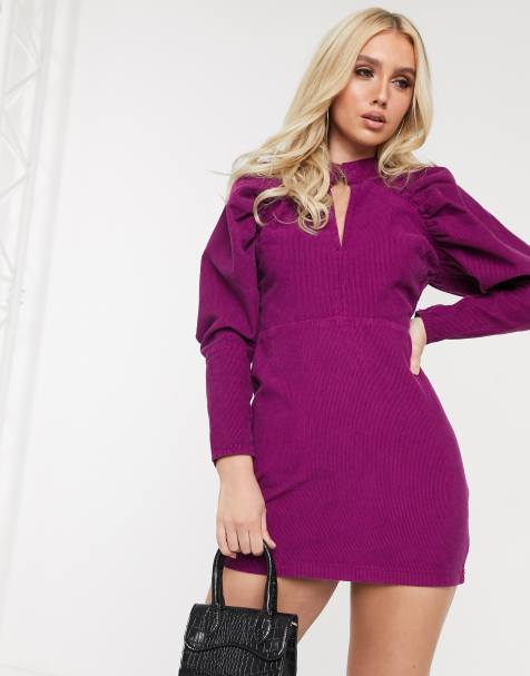 ASOS DESIGN – Fioletowa sztruksowa sukienka mini z bufkami - view 1