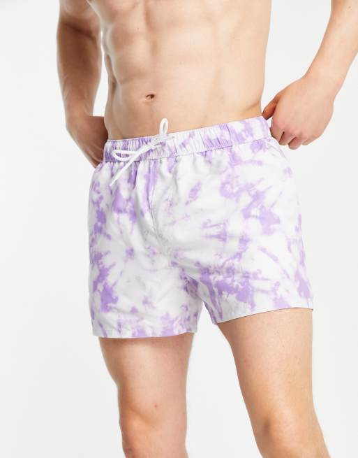 ASOS DESIGN – Fioletowe bardzo krótkie szorty kąpielowe z efektem tie dye