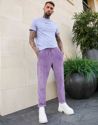 ASOS DESIGN — Fioletowe sztruksowe spodnie o dopasowanym kroju z efektem sprania
