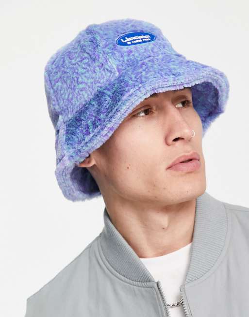 ASOS DESIGN – Fioletowo-niebieski kapelusz typu bucket z futerka z gumową naszywką
