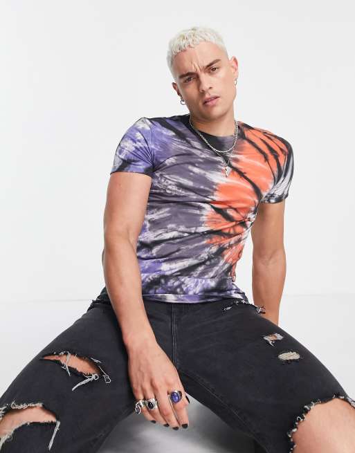ASOS DESIGN – Fioletowo-pomarańczowy T-shirt o kroju podkreślającym sylwetkę z efektem tie-dye – GREY – GREY