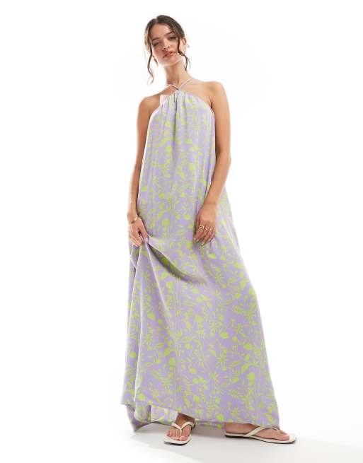 ASOS DESIGN – Fioletowo-zielona, wiskozowa sukienka trapezowa maxi w kwiatowy wzór