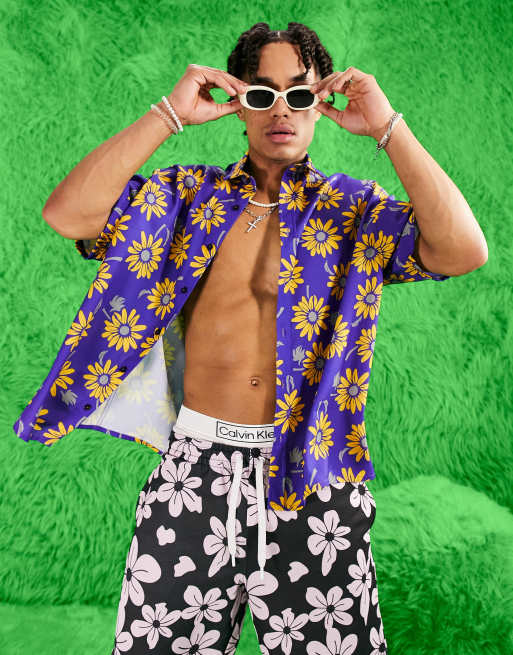 ASOS DESIGN – Fioletowo-żółta koszula w kwiaty o pudełkowym kroju oversize