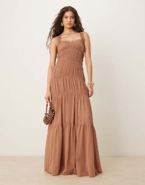 ASOS DESIGN shirred tiered ruffle trim maxi dress in mauve
