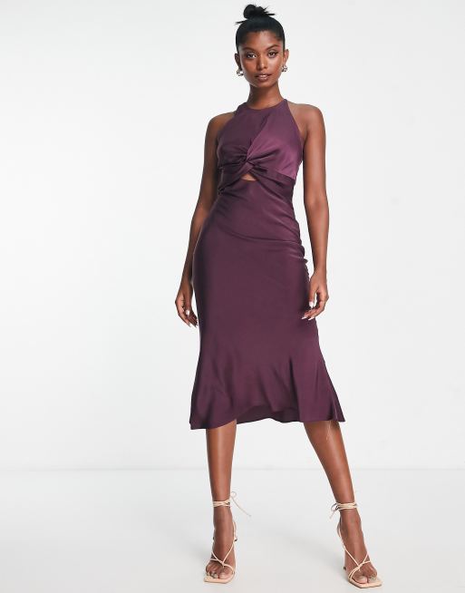 ASOS DESIGN – Fioletowobordowa satynowa sukienka midi z ozdobnym węzłem z przodu i wiązaniem na plecach