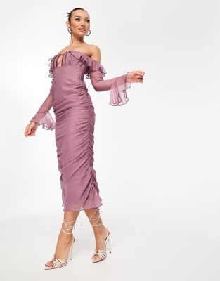 ASOS DESIGN – Fioletoworóżowa gorsetowa sukienka midi z marszczeniem i dekoltem bardot - view 1