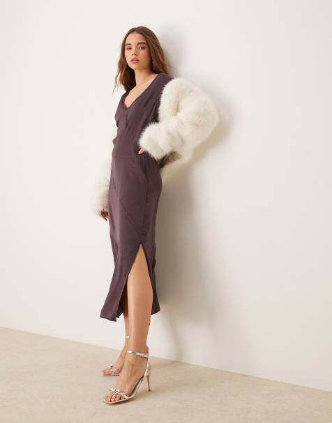 ASOS DESIGN v neck satin midi dress with raw seaming in mauve