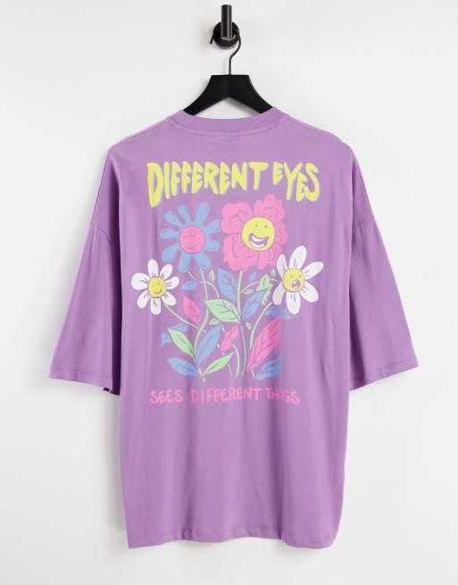 ASOS DESIGN – Fioletowy bawełniany T-shirt oversize z nadrukiem kwiatów z przodu i z tyłu – PURPLE