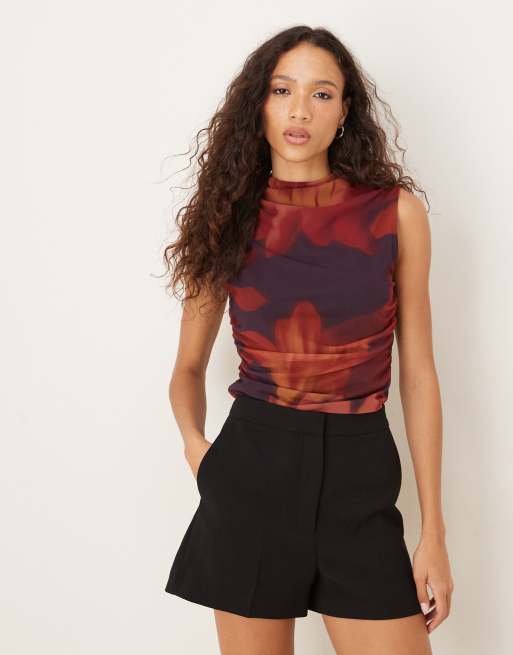 ASOS DESIGN – Fioletowy siateczkowy top z marszczeniami z boku, zabudowanym dekoltem i kwiatowym wzorem