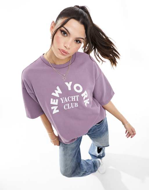 ASOS DESIGN – Fioletowy T-shirt dresowy oversize z efektem sprania i grafiką z napisem „New York Yacht Club”