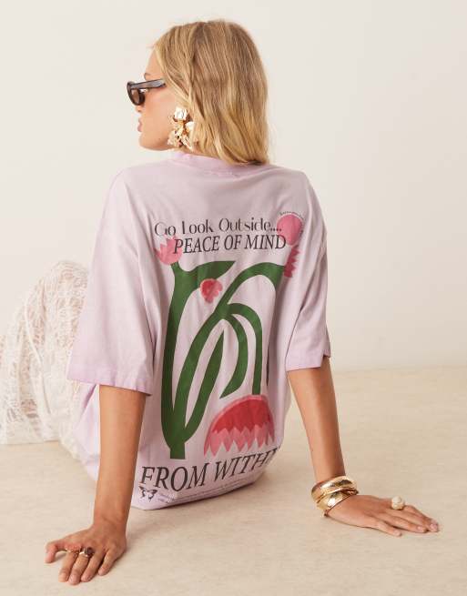 ASOS DESIGN – Fioletowy T-shirt o fasonie boyfriend z grafiką z kwiatami na plecach