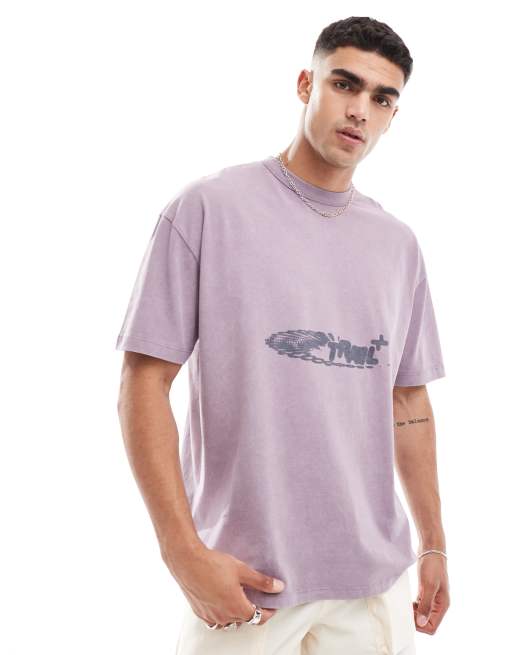 ASOS DESIGN – Fioletowy T-shirt oversize z nadrukiem z przodu i efektem sprania