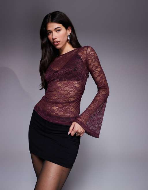 ASOS DESIGN – Fioletowy zebrany w talii top z prześwitującej koronki z dekoltem w łódkę i rozkloszowanymi rękawami