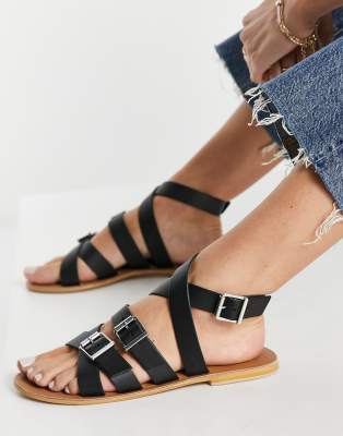 asos design gladiator sandals in black leather with chunky sole