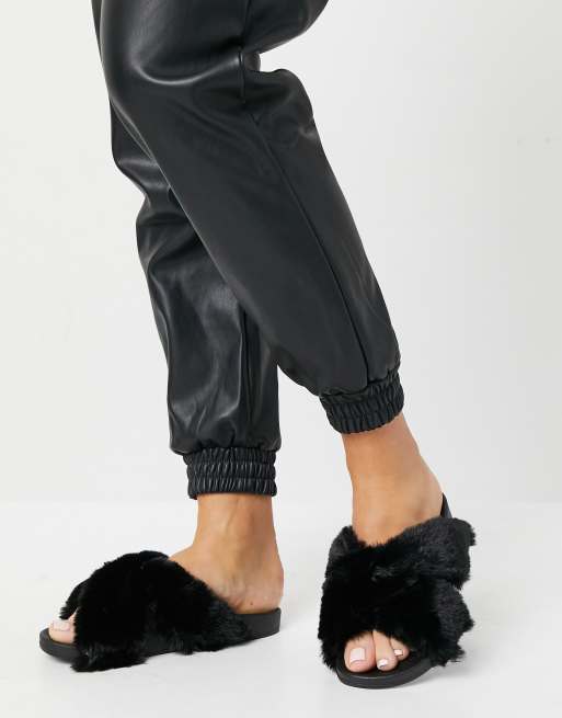 ASOS DESIGN Fiona fluffy crossover sliders in black ASOS